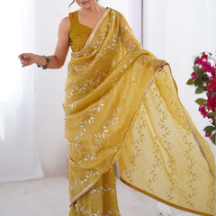 Mustard Organza Moti & Val Sequence Party Wear Saree