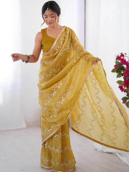Mustard Organza Moti & Val Sequence Party Wear Saree