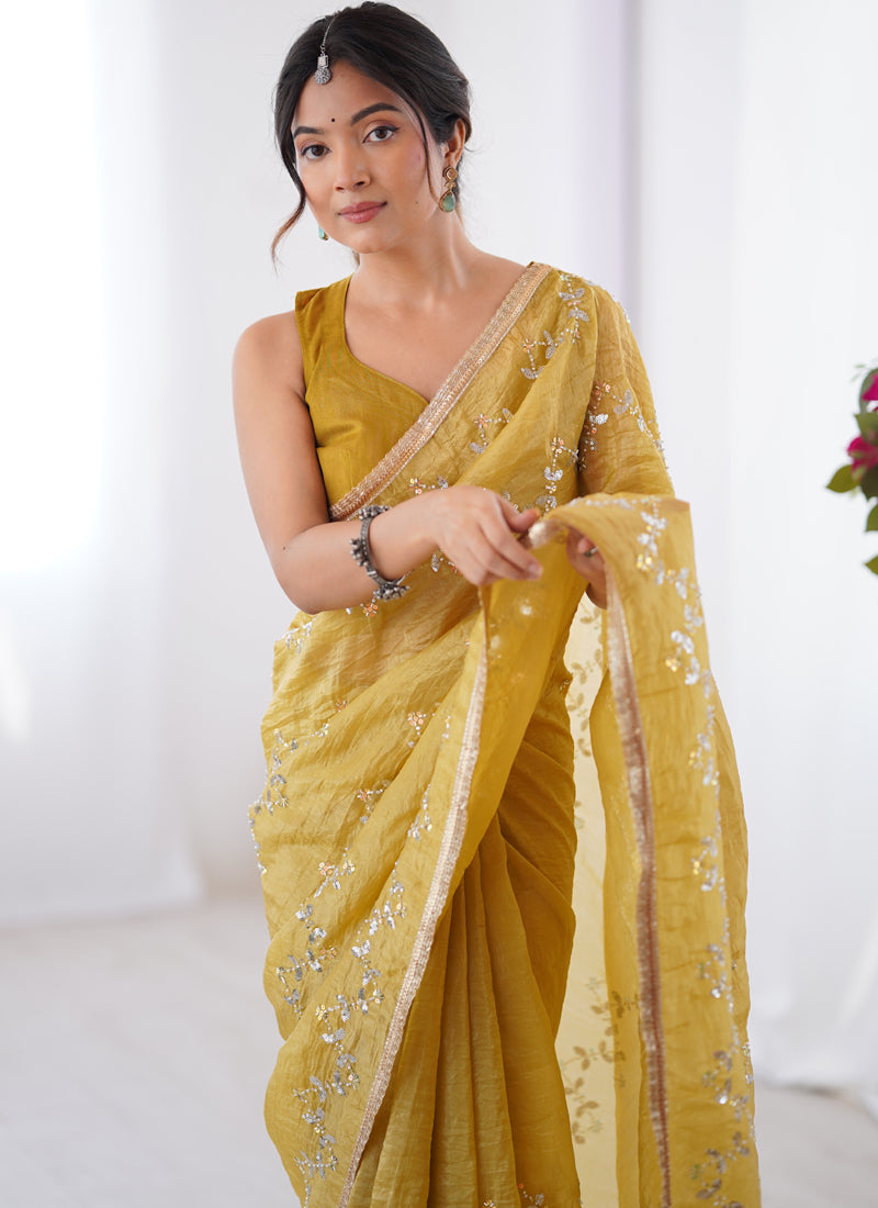 Mustard Organza Moti & Val Sequence Party Wear Saree