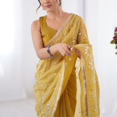 Mustard Organza Moti & Val Sequence Party Wear Saree