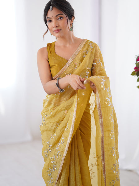 Mustard Organza Moti & Val Sequence Party Wear Saree