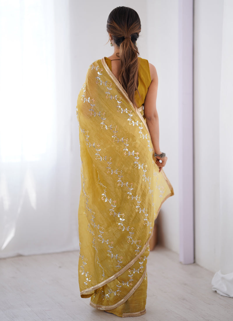 Mustard Organza Moti & Val Sequence Party Wear Saree