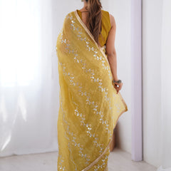 Mustard Organza Moti & Val Sequence Party Wear Saree
