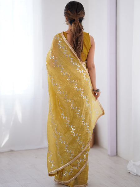 Mustard Organza Moti & Val Sequence Party Wear Saree