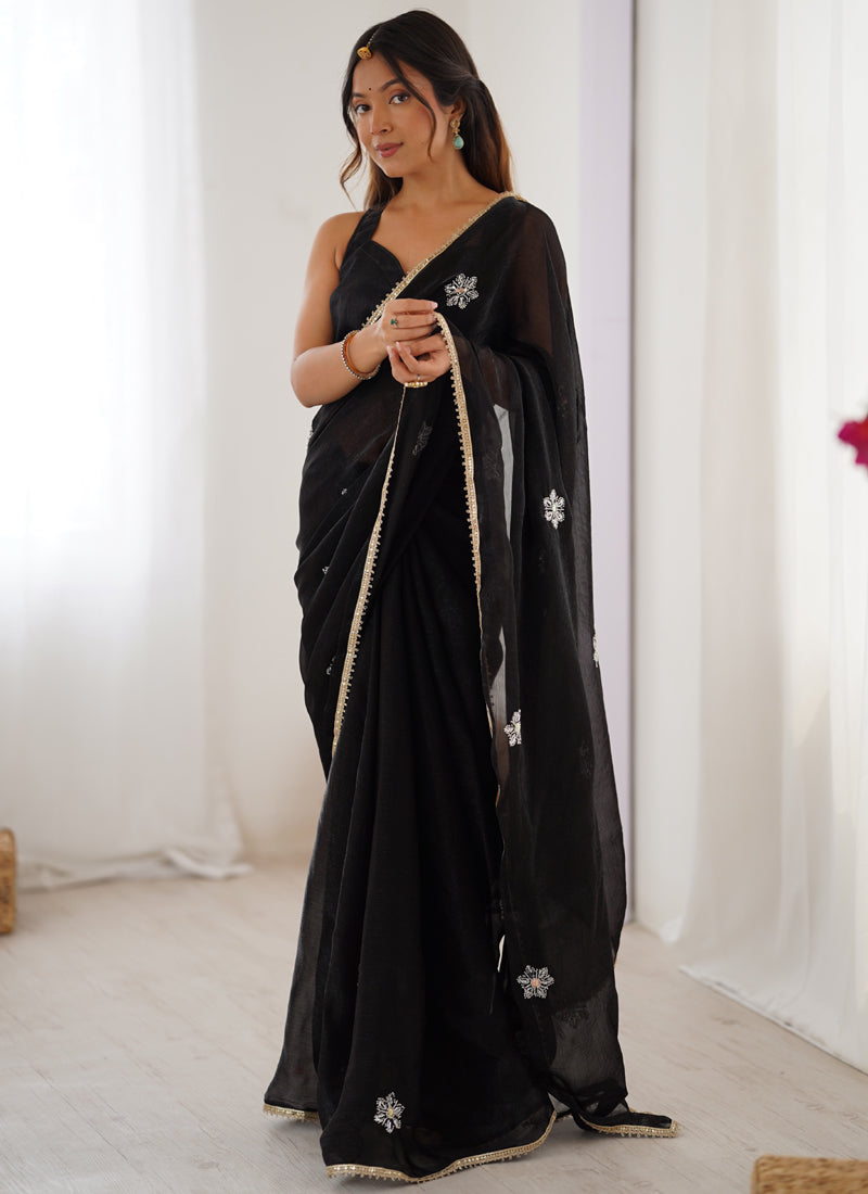 Black Fandy Silk Moti & Val Sequence Designer Saree