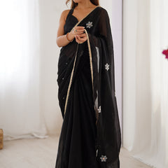 Black Fandy Silk Moti & Val Sequence Designer Saree