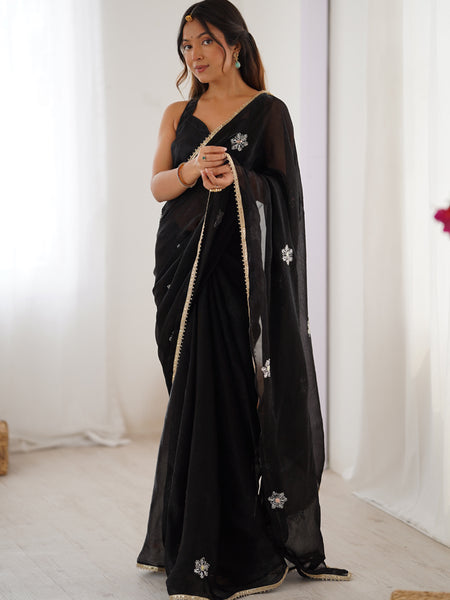 Black Fandy Silk Moti & Val Sequence Designer Saree