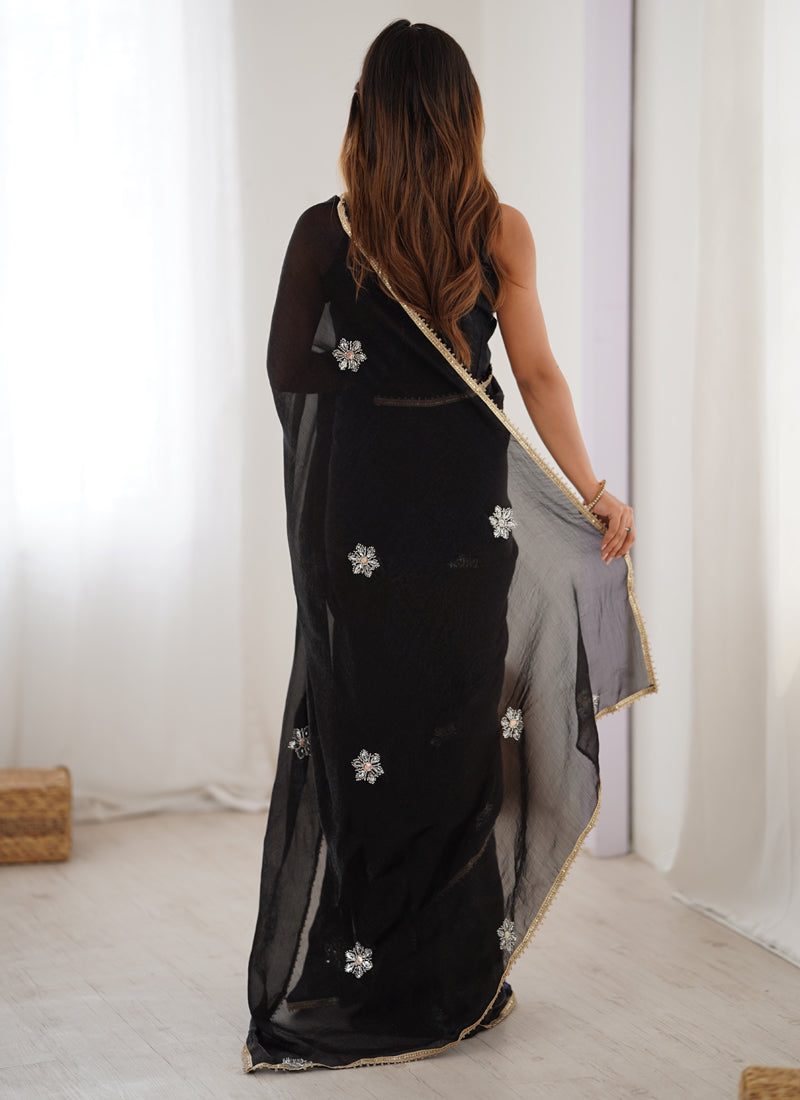Black Fandy Silk Moti & Val Sequence Designer Saree