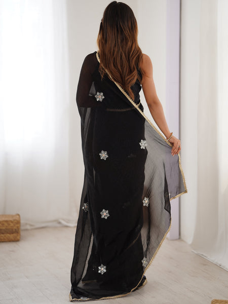 Black Fandy Silk Moti & Val Sequence Designer Saree
