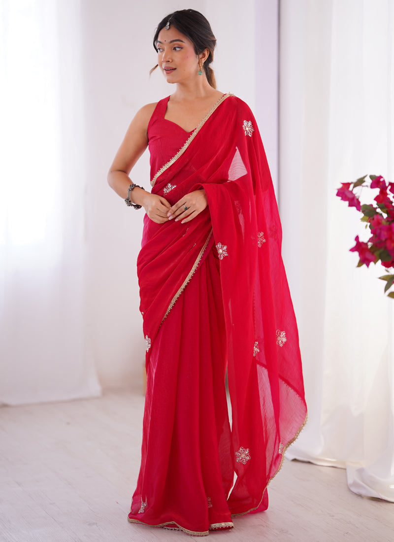 Red Fandy Silk Moti & Val Sequence Designer Saree