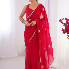 Red Fandy Silk Moti & Val Sequence Designer Saree