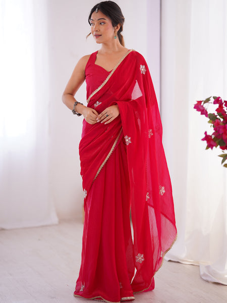 Red Fandy Silk Moti & Val Sequence Designer Saree