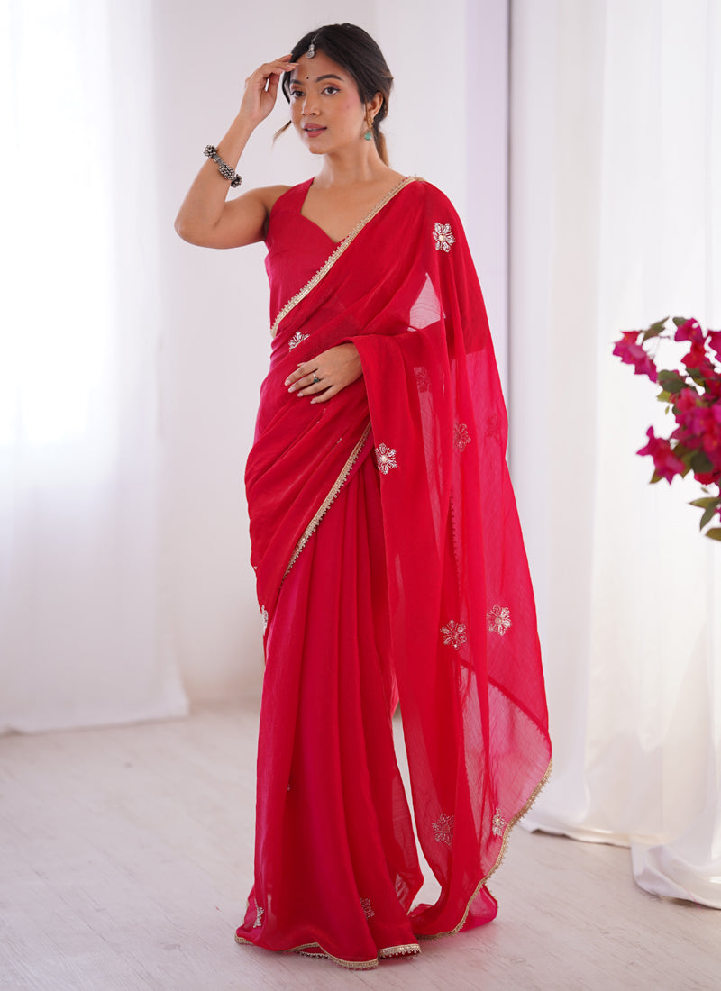 Red Fandy Silk Moti & Val Sequence Designer Saree