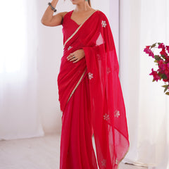 Red Fandy Silk Moti & Val Sequence Designer Saree