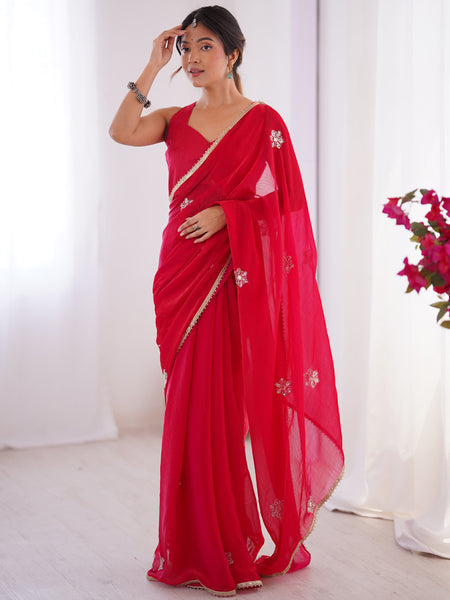 Red Fandy Silk Moti & Val Sequence Designer Saree