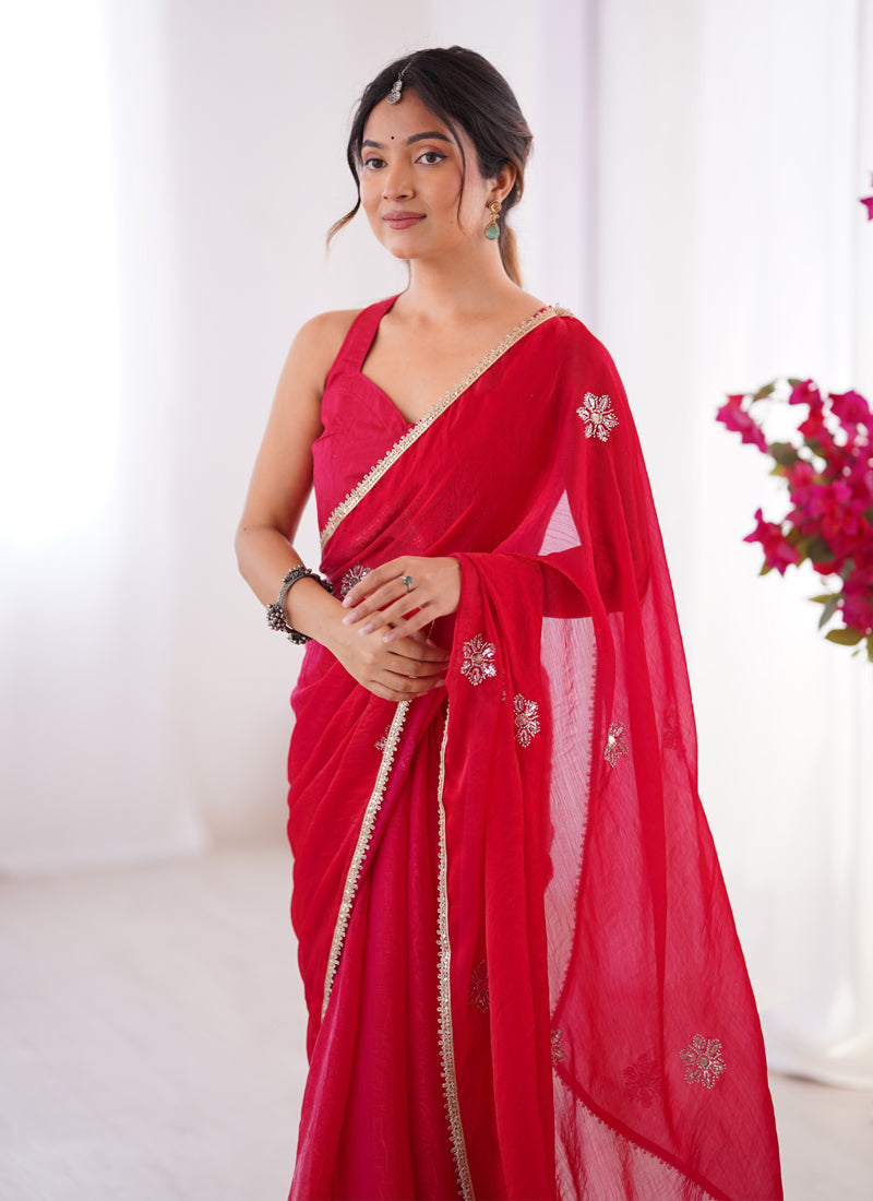 Red Fandy Silk Moti & Val Sequence Designer Saree