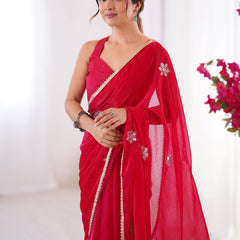Red Fandy Silk Moti & Val Sequence Designer Saree
