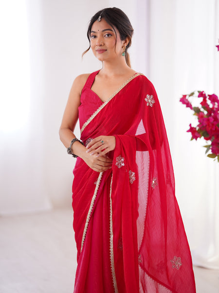 Red Fandy Silk Moti & Val Sequence Designer Saree