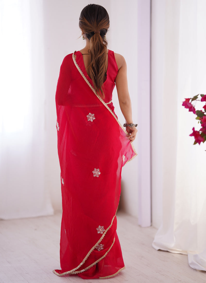 Red Fandy Silk Moti & Val Sequence Designer Saree
