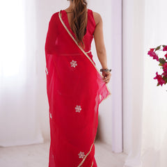 Red Fandy Silk Moti & Val Sequence Designer Saree