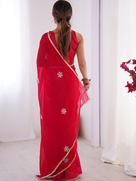 Red Fandy Silk Moti & Val Sequence Designer Saree