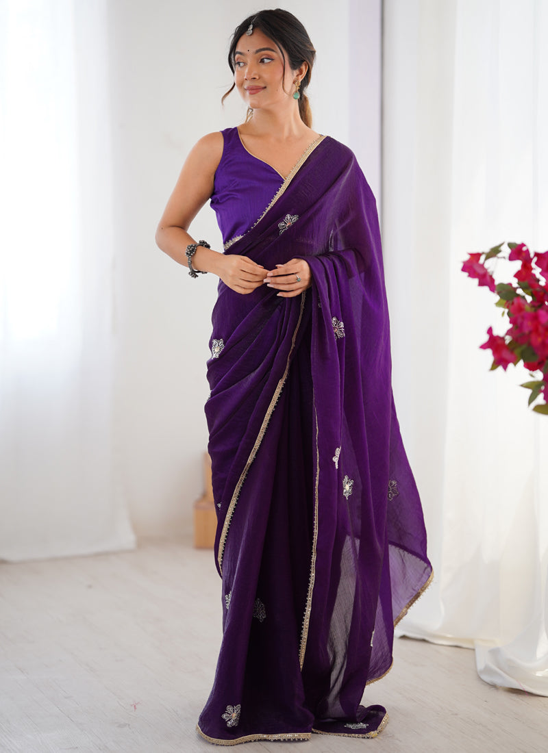 Violet Fandy Silk Moti & Val Sequence Designer Saree