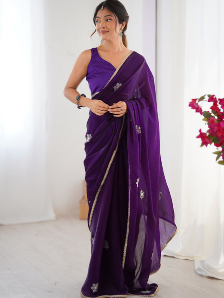 Violet Fandy Silk Moti & Val Sequence Designer Saree