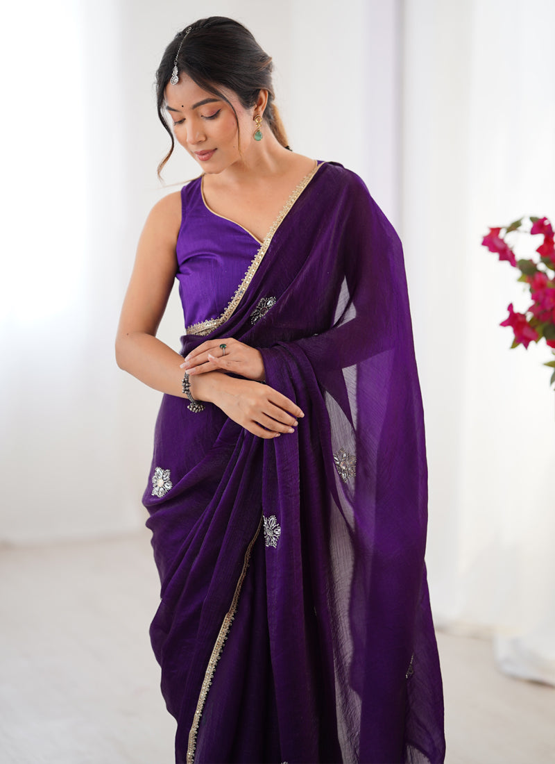 Violet Fandy Silk Moti & Val Sequence Designer Saree