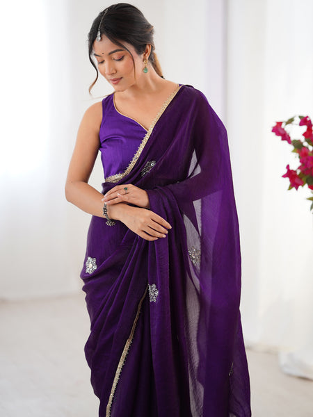 Violet Fandy Silk Moti & Val Sequence Designer Saree
