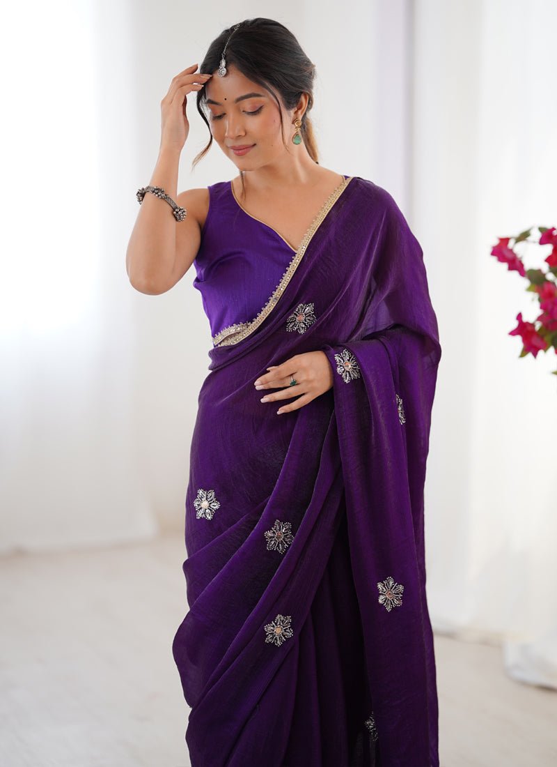 Violet Fandy Silk Moti & Val Sequence Designer Saree
