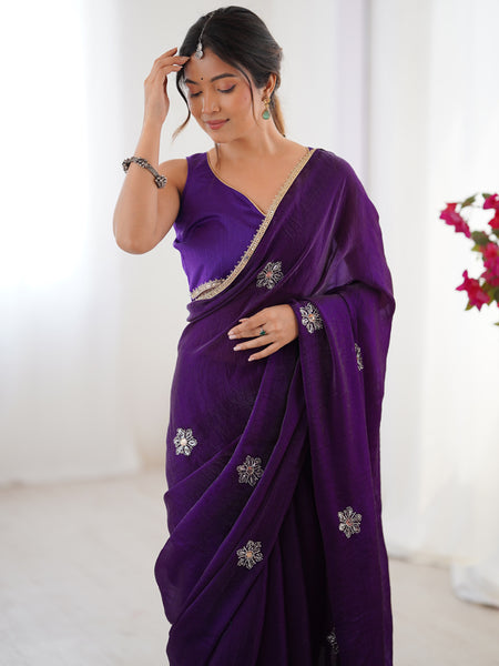 Violet Fandy Silk Moti & Val Sequence Designer Saree