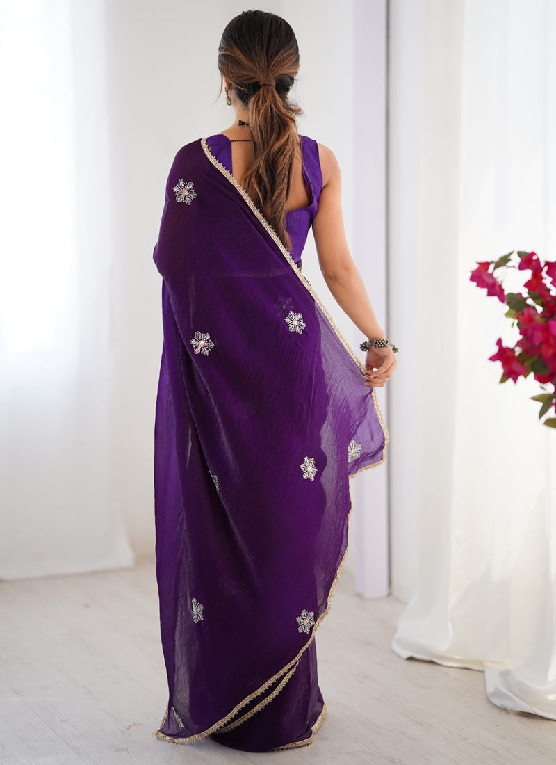 Violet Fandy Silk Moti & Val Sequence Designer Saree