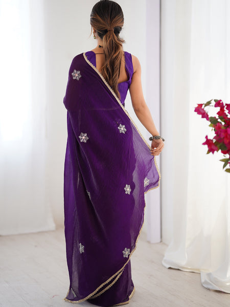 Violet Fandy Silk Moti & Val Sequence Designer Saree