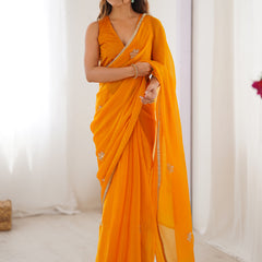 Yellow Fandy Silk Moti & Val Sequence Designer Saree