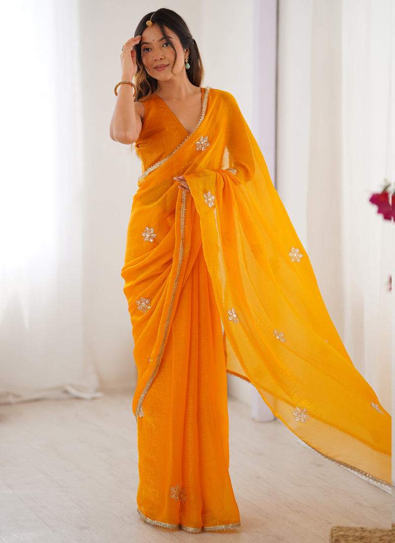 Yellow Fandy Silk Moti & Val Sequence Designer Saree