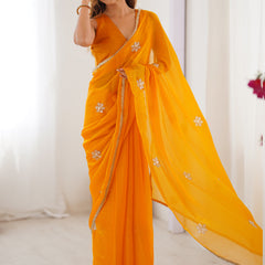 Yellow Fandy Silk Moti & Val Sequence Designer Saree