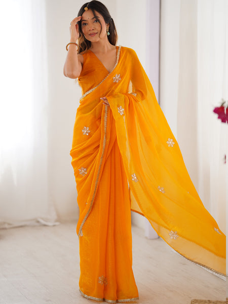 Yellow Fandy Silk Moti & Val Sequence Designer Saree