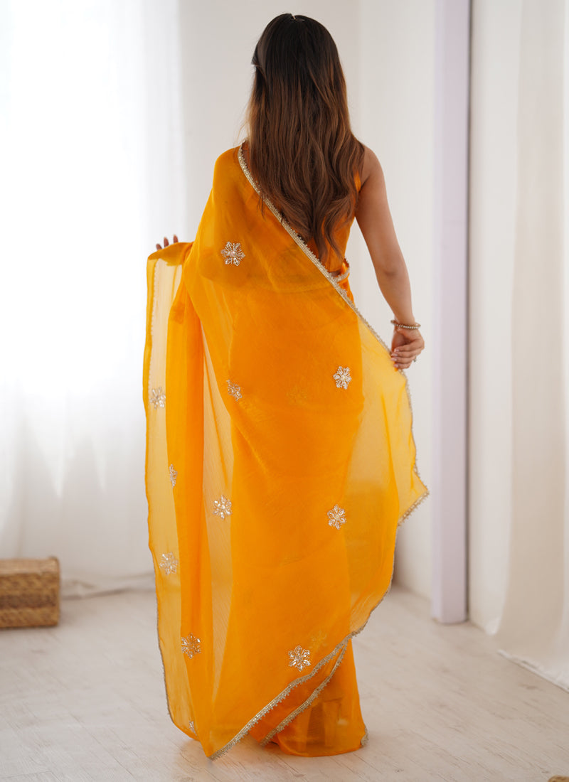 Yellow Fandy Silk Moti & Val Sequence Designer Saree