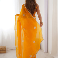 Yellow Fandy Silk Moti & Val Sequence Designer Saree