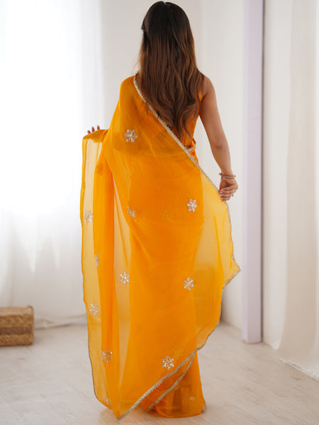 Yellow Fandy Silk Moti & Val Sequence Designer Saree