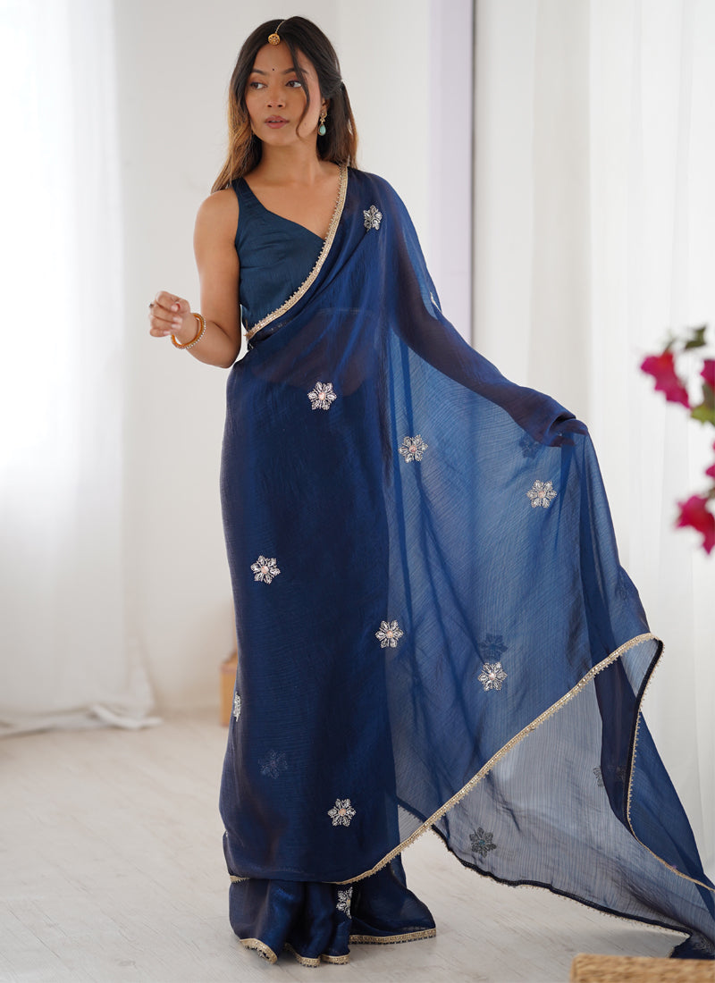 Blue Fandy Silk Moti & Val Sequence Designer Saree