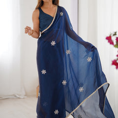 Blue Fandy Silk Moti & Val Sequence Designer Saree