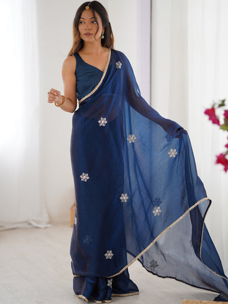 Blue Fandy Silk Moti & Val Sequence Designer Saree