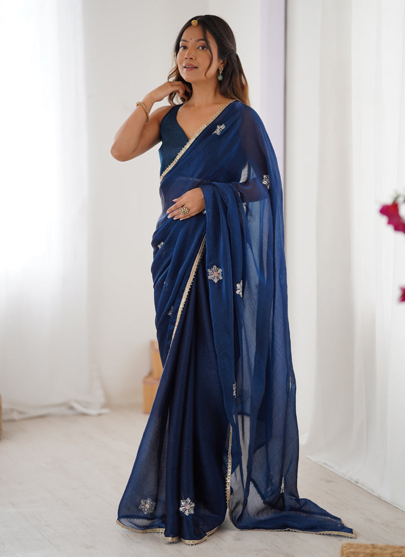 Blue Fandy Silk Moti & Val Sequence Designer Saree