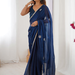 Blue Fandy Silk Moti & Val Sequence Designer Saree