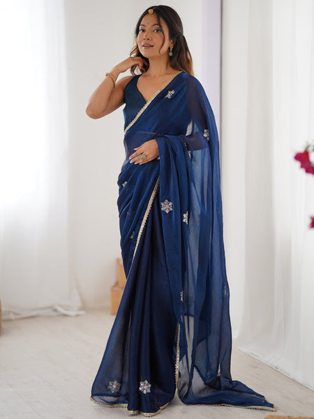 Blue Fandy Silk Moti & Val Sequence Designer Saree