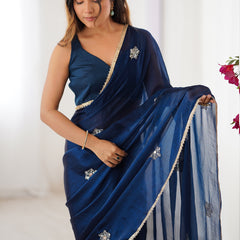 Blue Fandy Silk Moti & Val Sequence Designer Saree