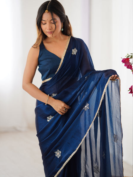 Blue Fandy Silk Moti & Val Sequence Designer Saree