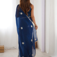 Blue Fandy Silk Moti & Val Sequence Designer Saree