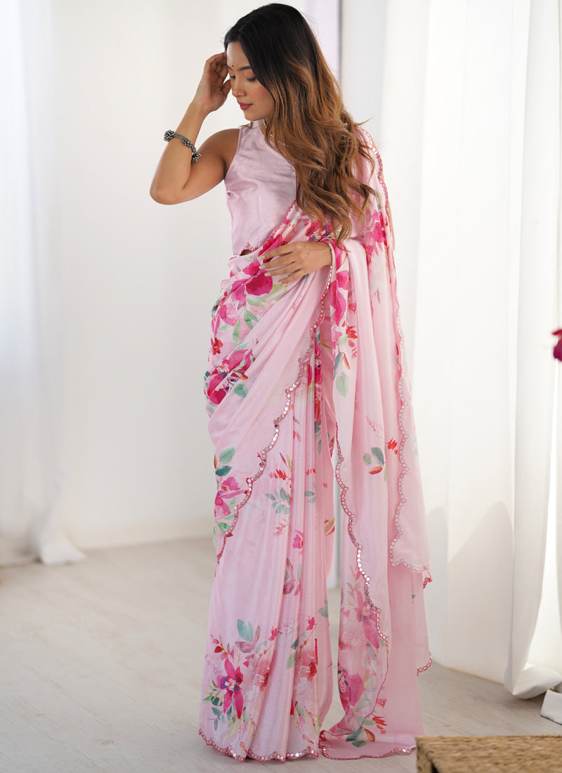 Baby Pink Chinon Silk Print Work With Mirror Work Border Designer Saree